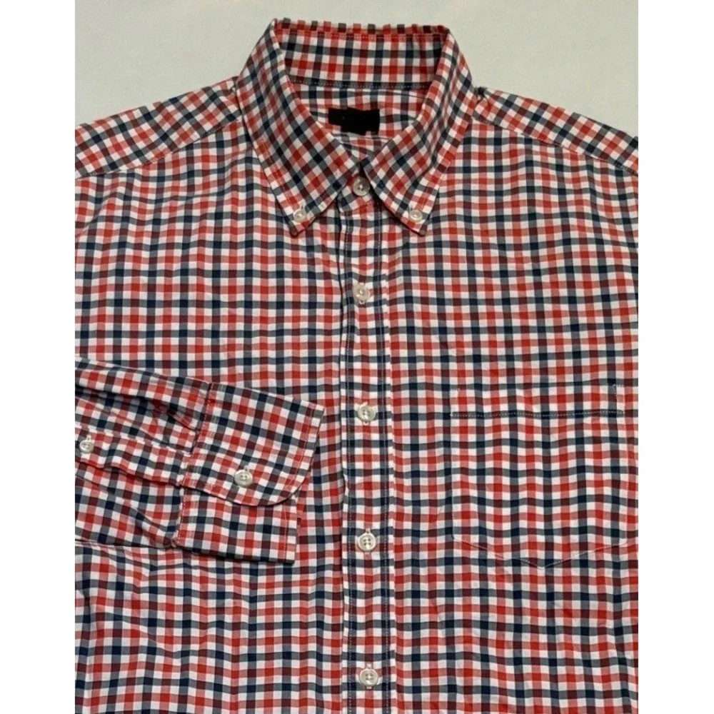 J.Crew Button Down Shirt Mens Size M‎ Gingham Check Red Navy Blue Cotton Pocket